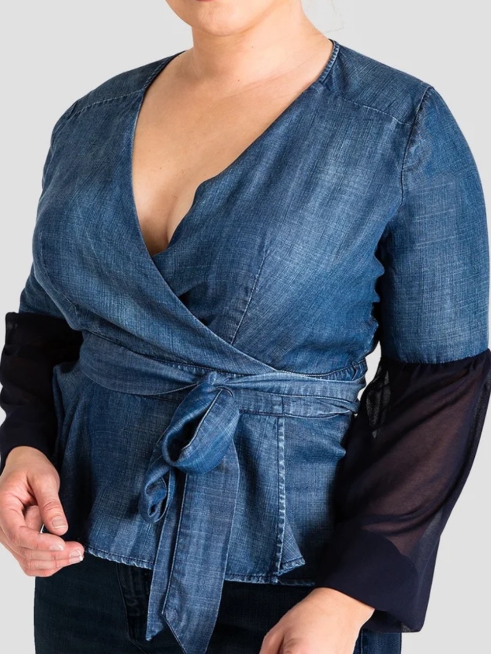 NWT Letty Tencel Denim Wrap Puff Sleeve Wrap Top